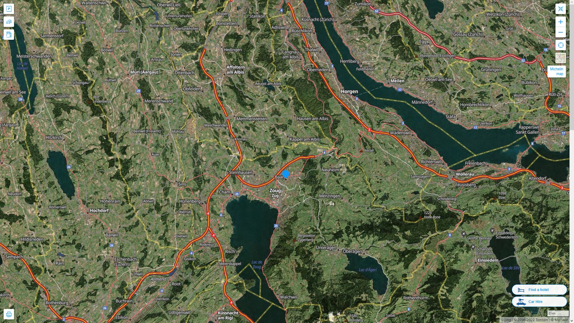Baar Suisse Autoroute et carte routiere avec vue satellite